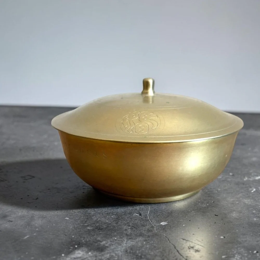Vintage Hand Etched Brass Lidded Rice Bowl Asian Bamboo Characters Engraved